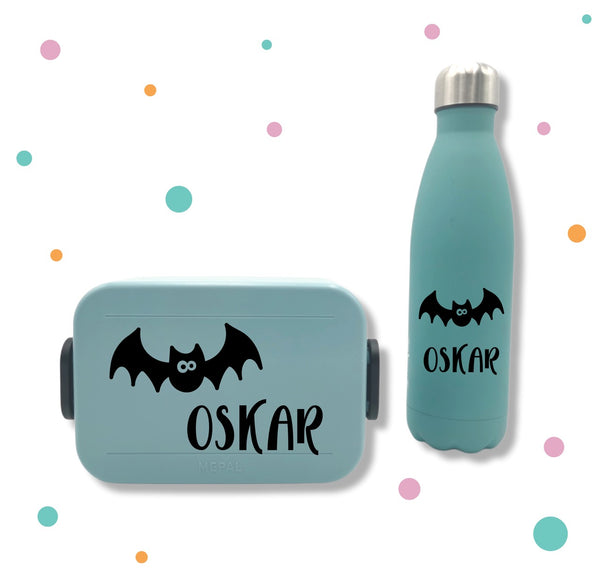 Personalisierter Aufkleber mit Fledermaus und Name – für Brotdose & Trinkflasche – Kinder Namenssticker
