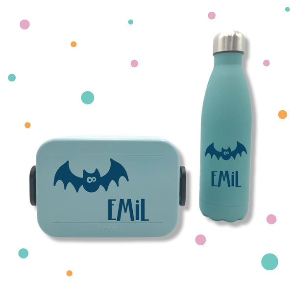 Personalisierter Aufkleber mit Fledermaus und Name – für Brotdose & Trinkflasche – Kinder Namenssticker