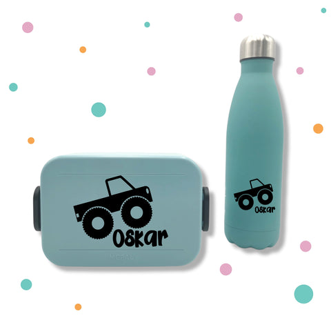 Aufkleber für Brotbox & Flasche * mit Namen und Monstertruck * Wunschfarbe *