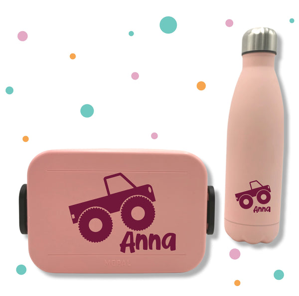 Aufkleber für Brotbox & Flasche * mit Namen und Monstertruck * Wunschfarbe *